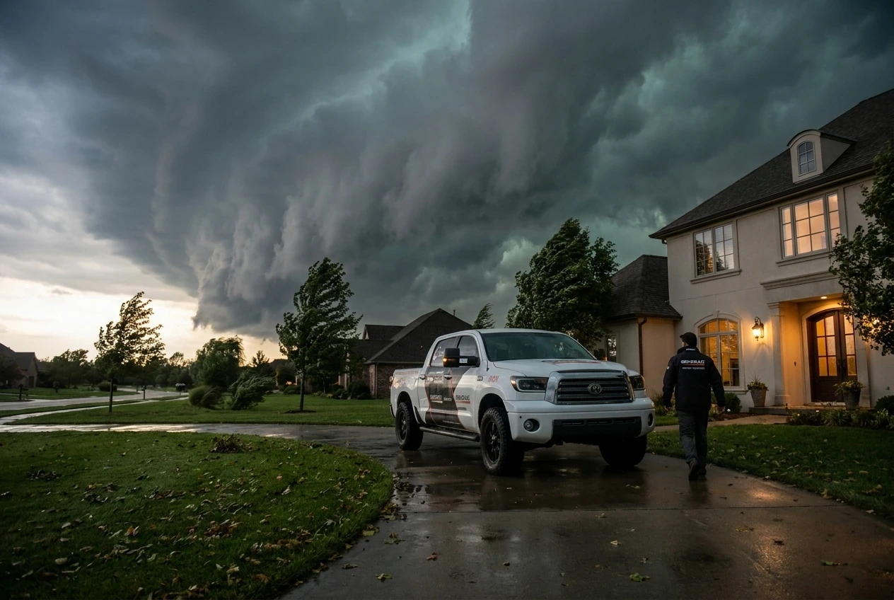 Generator contractor’s service truck in a driveway as a storm front moves in, technician heading to the door