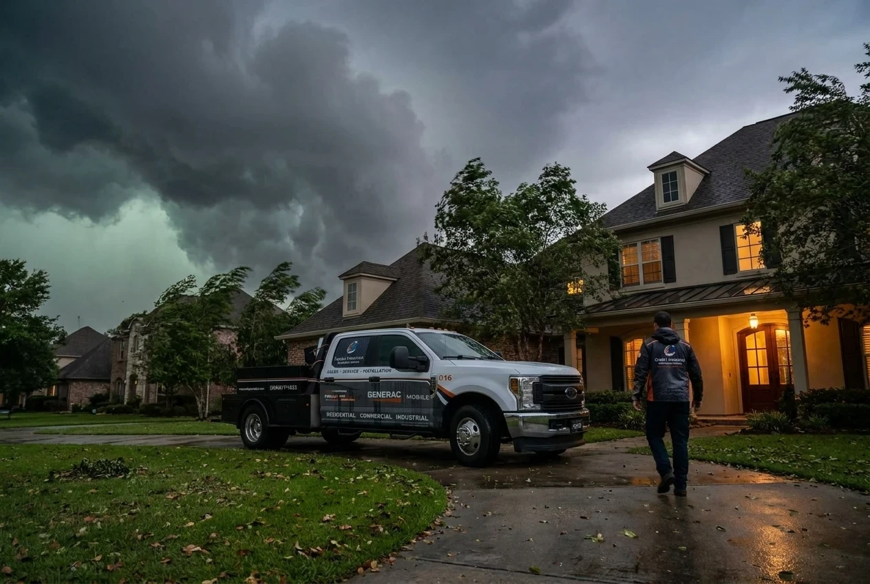 Generator dealer technician walking to a customer’s front door as a storm rolls in