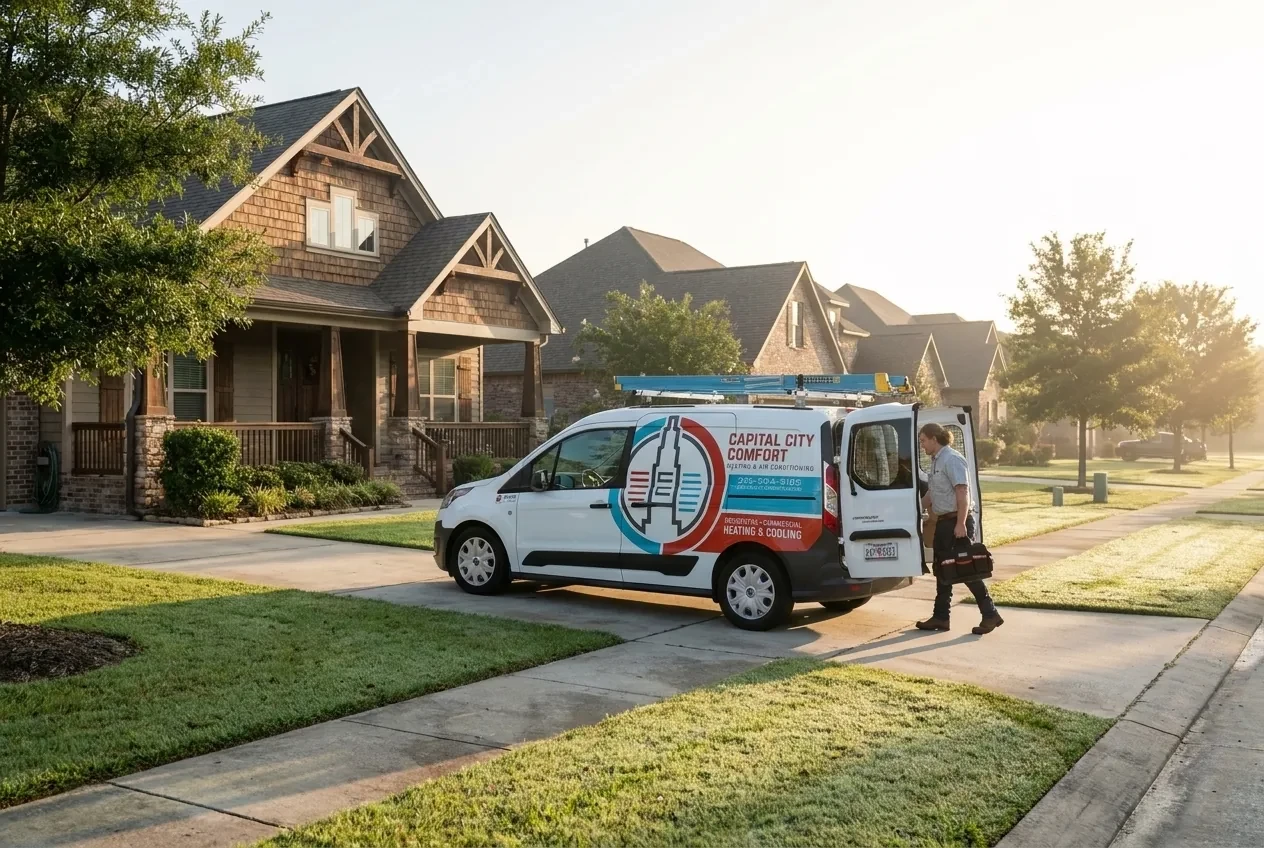HVAC contractor marketing - heating and air conditioning technician arriving at a home for a service call