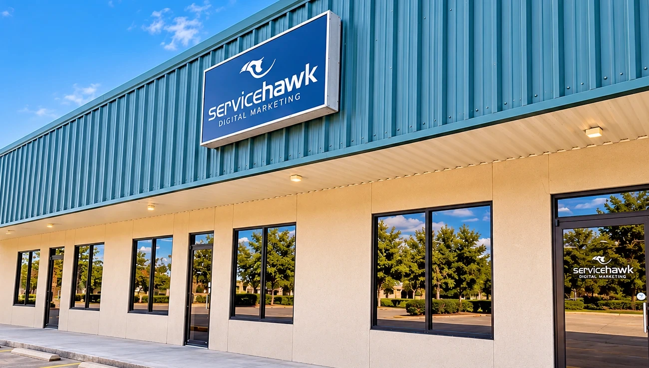 The ServiceHawk Digital Marketing office in Madisonville, Louisiana, with the sign above the entrance on a clear day